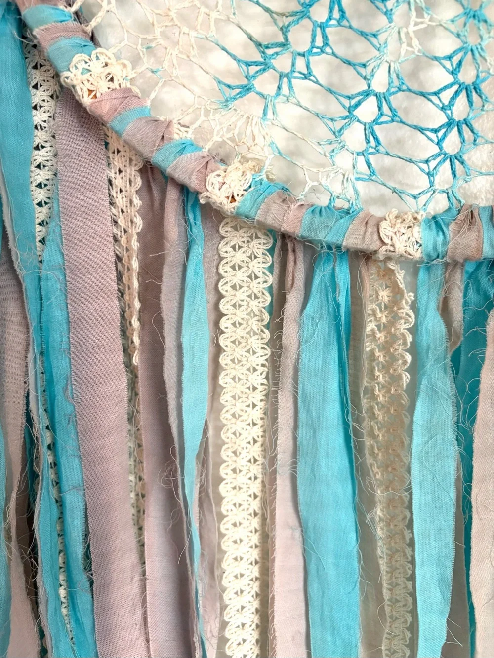 Handcrafted Boho Crochet Doily Dreamcatcher Wall Decor, Blue, Gray & Cream